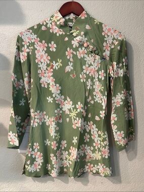 ANNE NAMBA Silk Women’s Green Floral Mandarin Collar Top, Sz XS